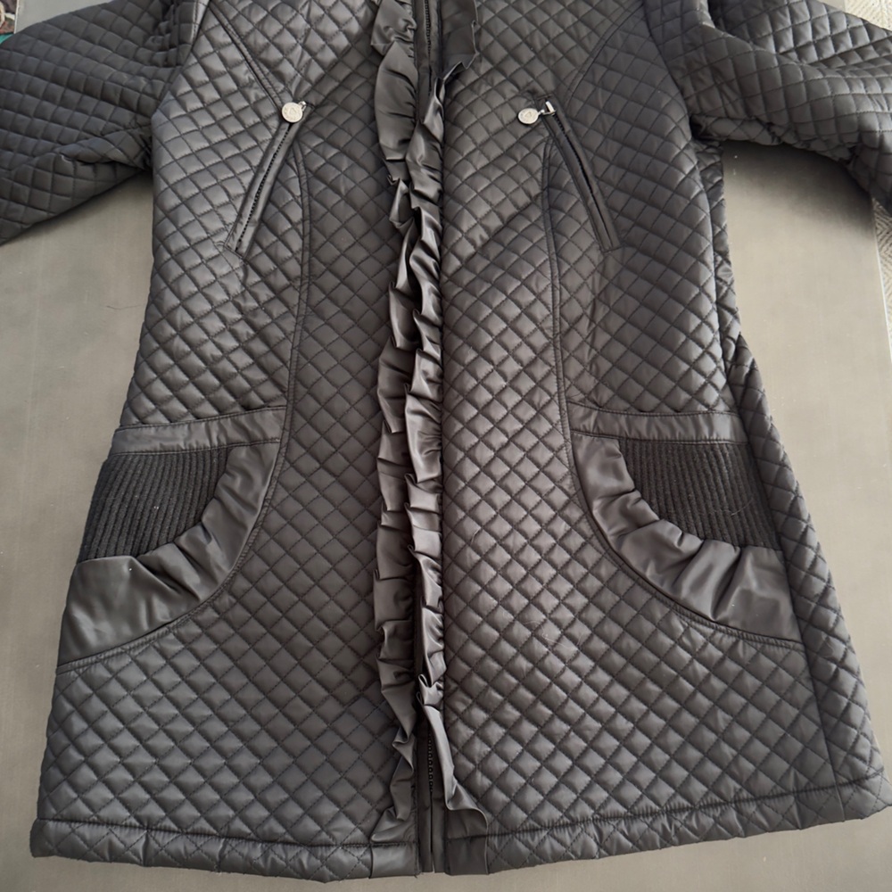 Betsey Johnson Black Quilted Hooded Jacket Zip Ruffle Front Knit Zip Pockets - Picture 7 of 13